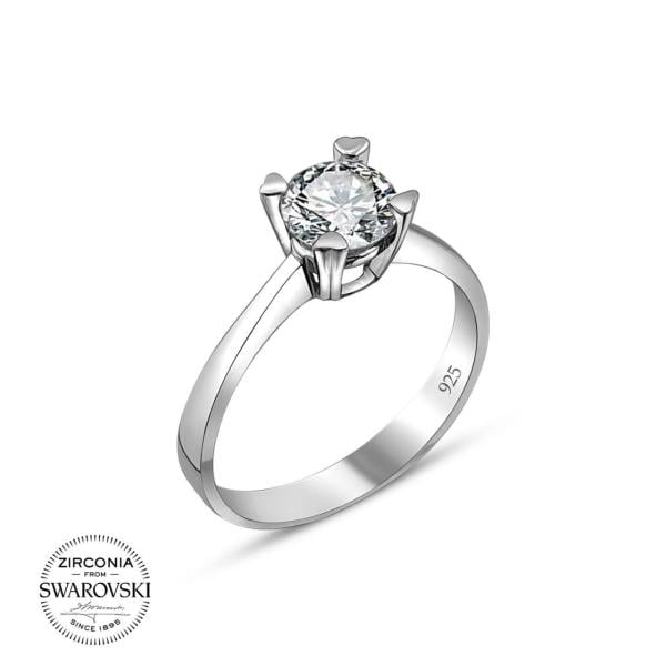 Swarovski Kalp Tırnaklı Tektaş Gümüş Yüzük