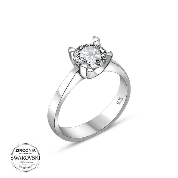 Swarovski Tek Taşlı Üçgen Tirnakli Gümüş Yüzük