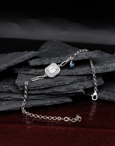 Nazar Sallantılı Baget Taşlı Gümüş Bileklik