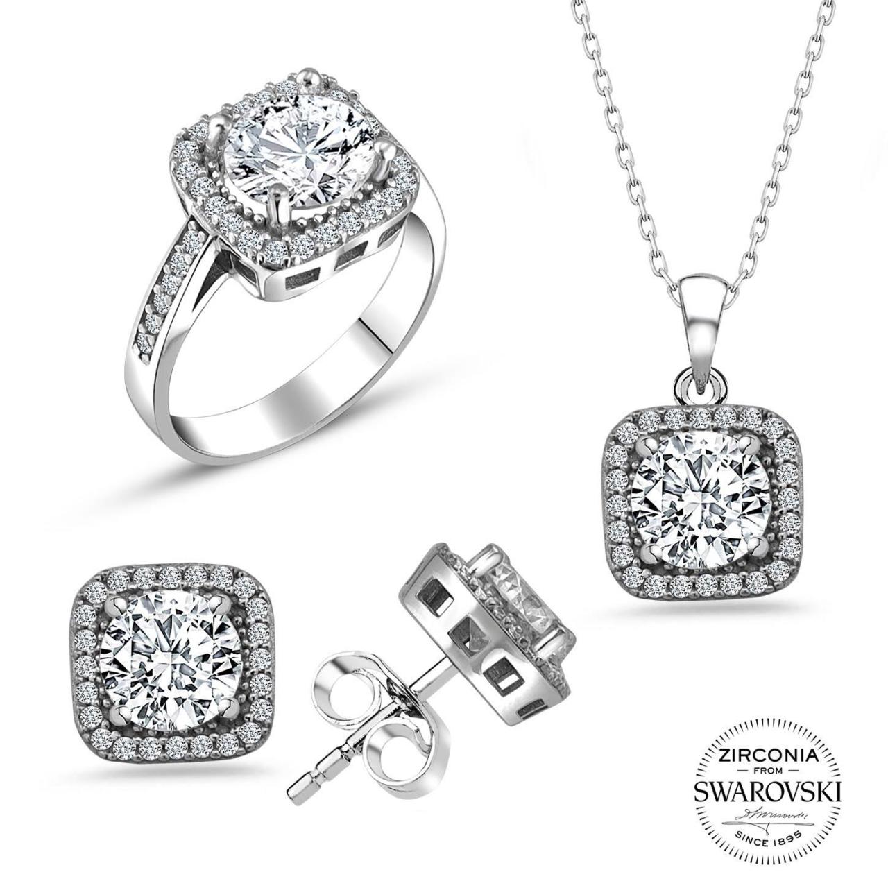 Swarovski Taşlı Kare Üçlü Takı Seti