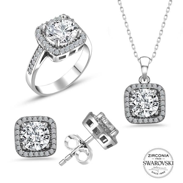 Swarovski Taşlı Kare Üçlü Takı Seti