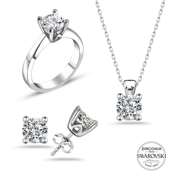 Swarovski Tek Taşlı Damla Şekilli Üçlü Takı Seti