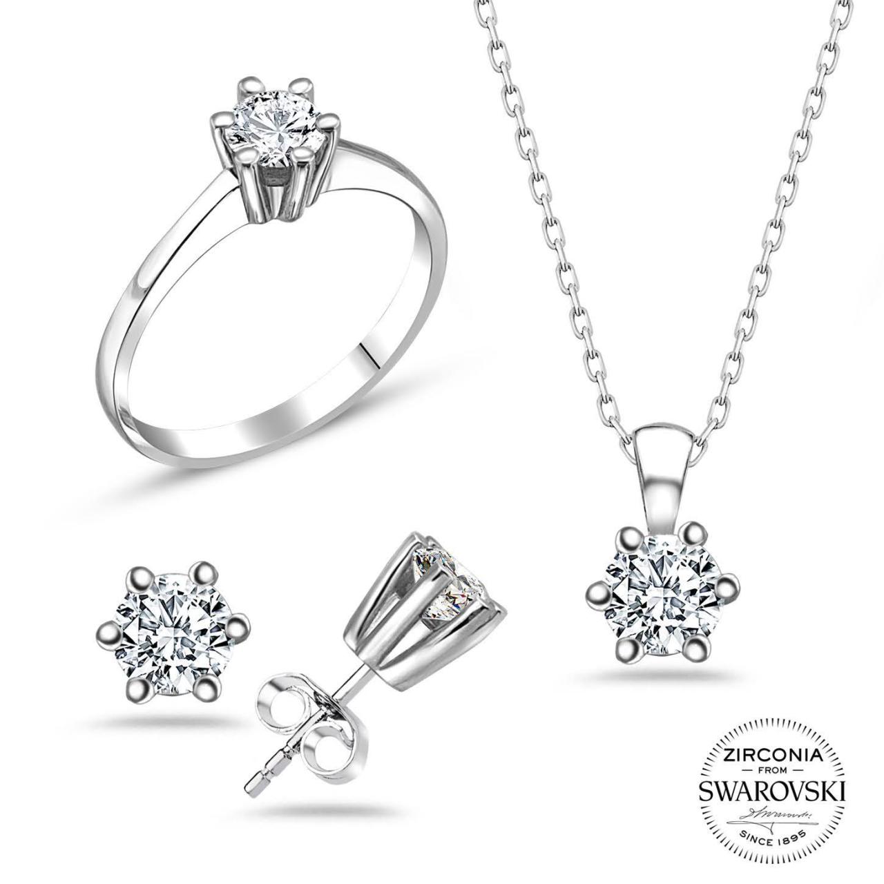 Altı Tırnaklı Swarovski Tek Taşlı Üçlü Takı Seti