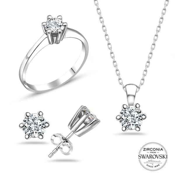 Altı Tırnaklı Swarovski Tek Taşlı Üçlü Takı Seti