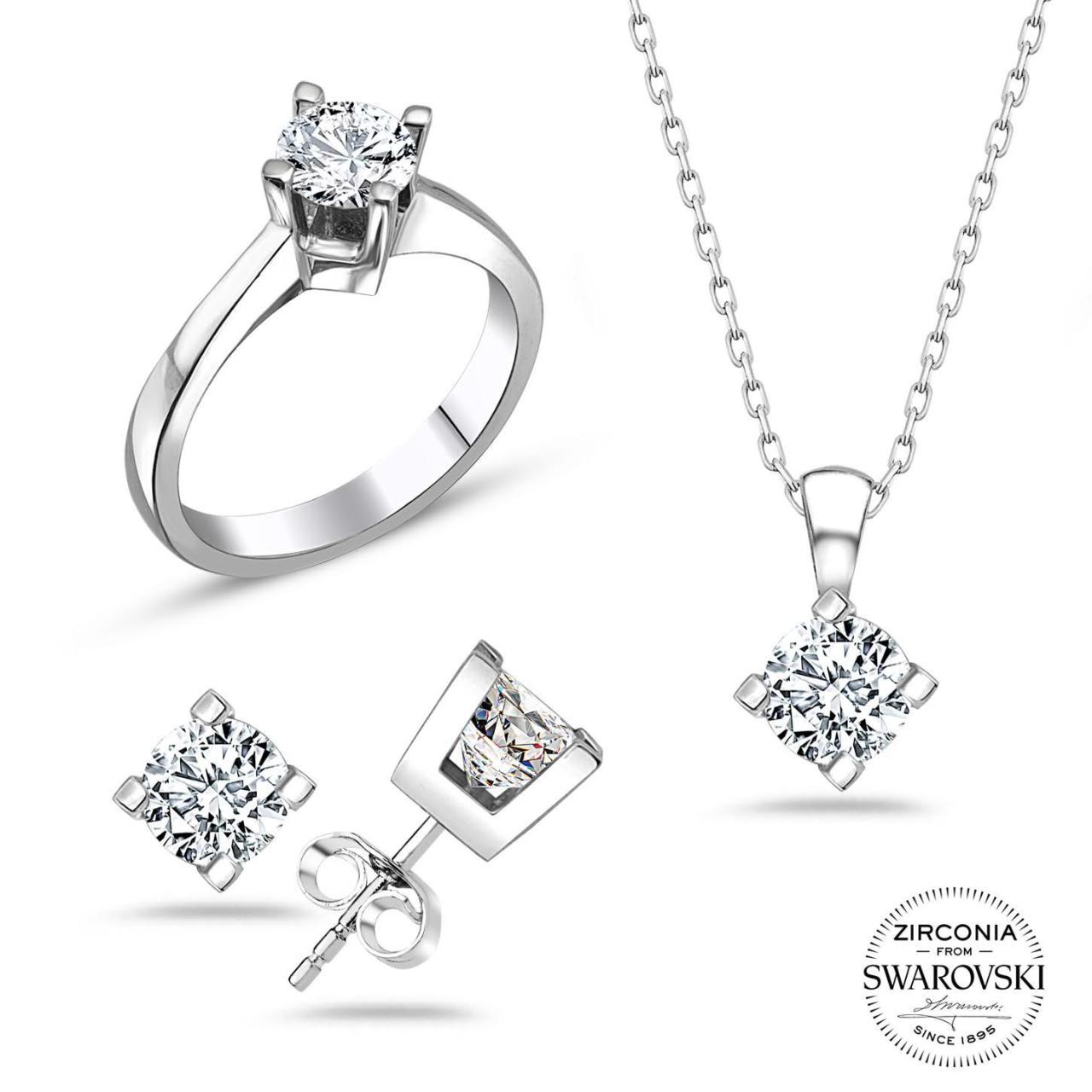 Swarovski Tek Taşlı Dört Tırnaklı Takı Seti