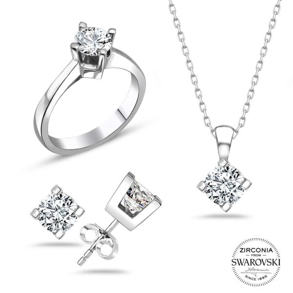 Swarovski Tek Taşlı Dört Tırnaklı Takı Seti