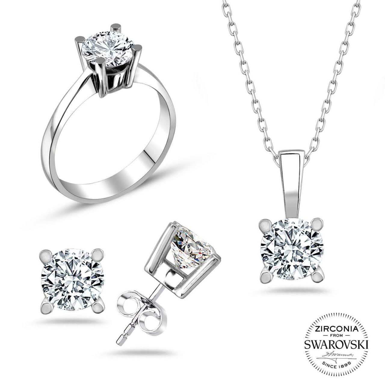 Swarovski Dört Tırnaklı Tek Taşlı Üçlü Takı Seti