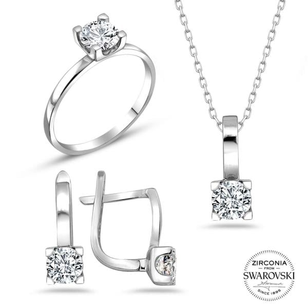 Swarovski Dört Tırnaklı Üçlü Gümüş Takı Seti
