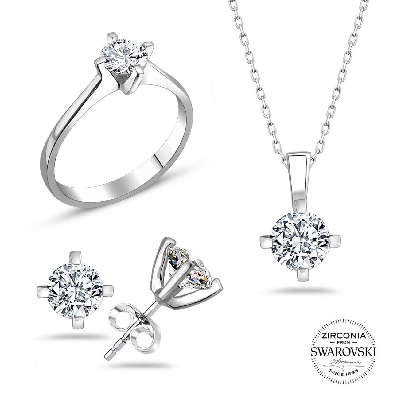 Swarovski Tek Taşlı Dört Tırnaklı Gümüş Takı Seti