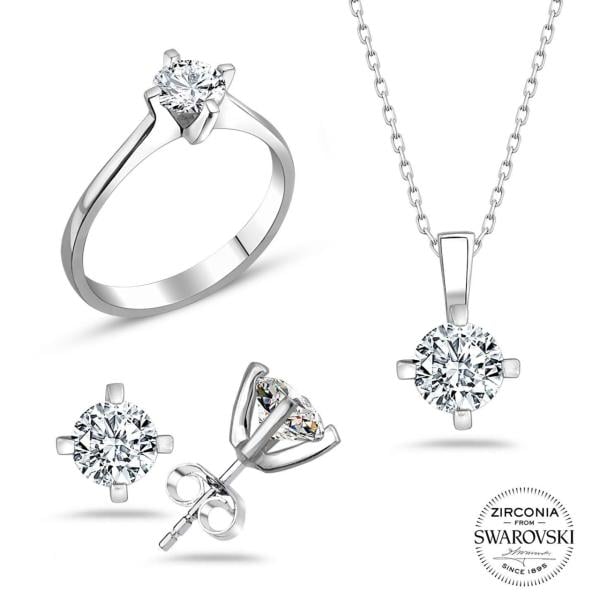 Swarovski Tek Taşlı Dört Tırnaklı Gümüş Takı Seti