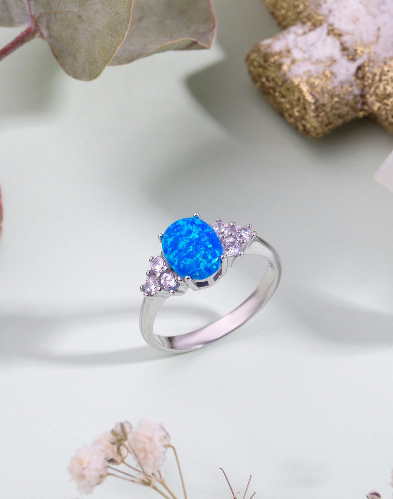 Pırlanta Tria Modeli Opal Taşlı Gümüş Yüzük