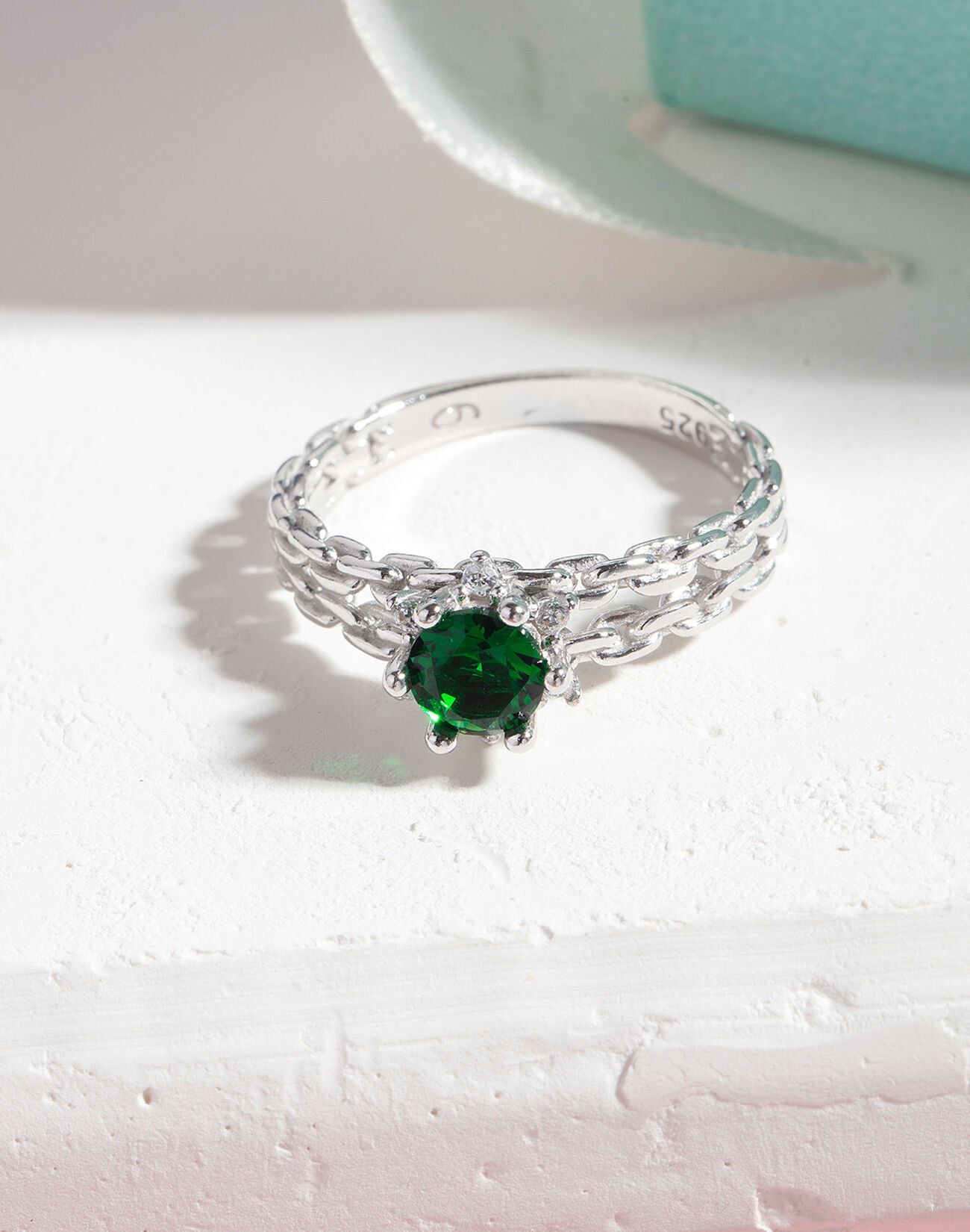 925 Ayar Zümrüt Rengi Zincir Modeli Gümüş Yüzük