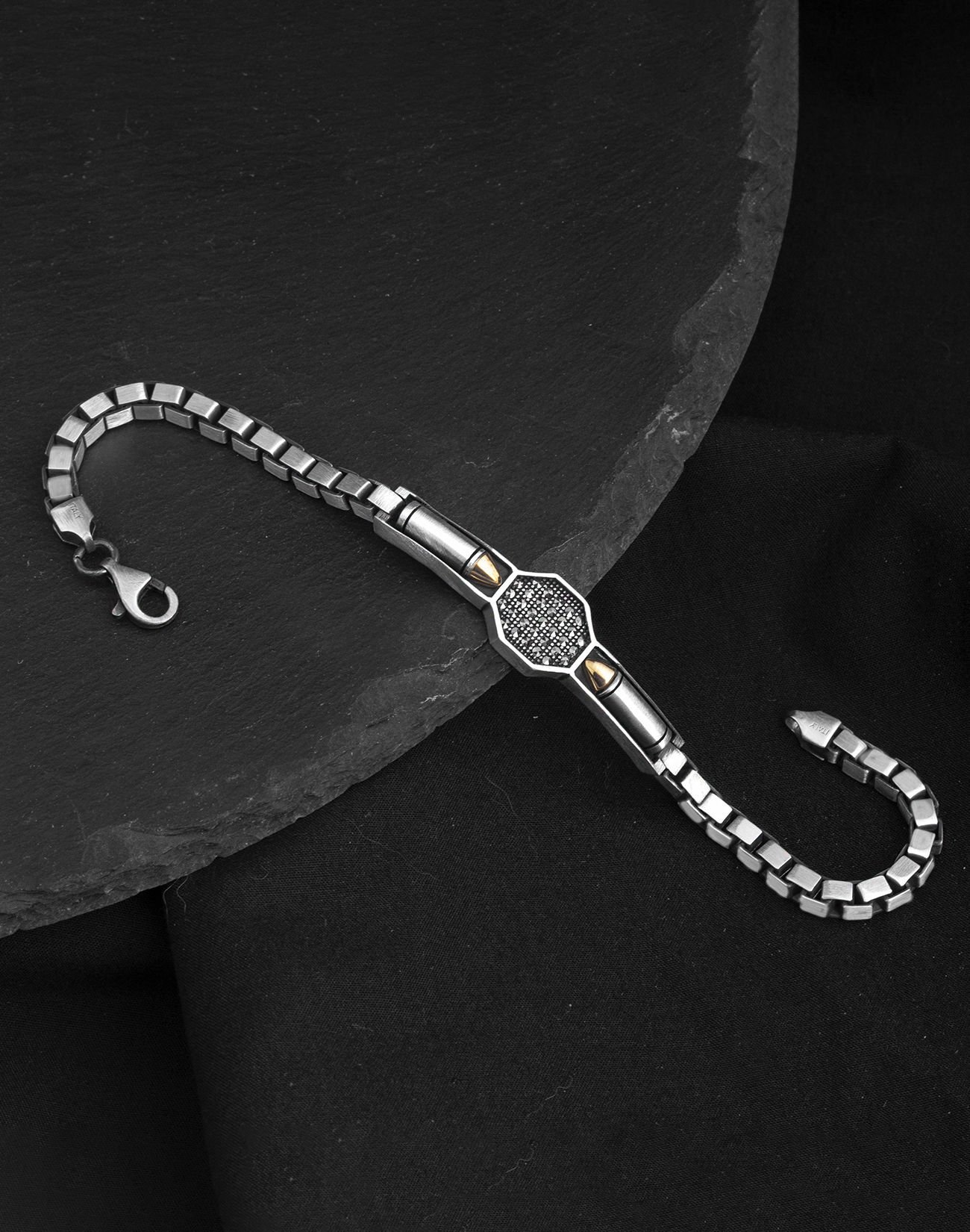 925 Ayar Küp Zincir Markazit Taşlı Kurşun Gümüş Erkek Bileklik