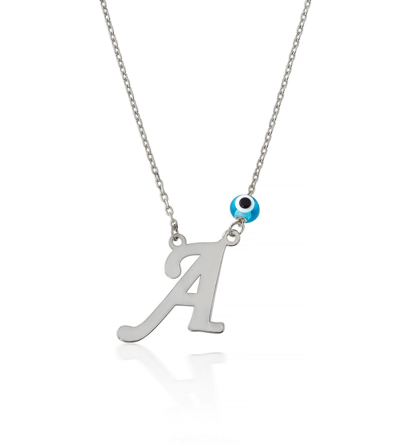 925 Ayar Gümüş Nazarlı Harf Kolye Rodyum Kaplama