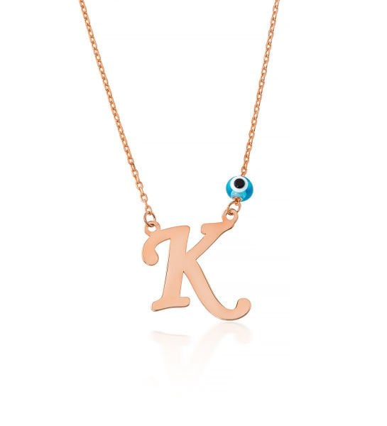 925 Ayar Gümüş Nazarlı Harf Kolye Rose Kaplama