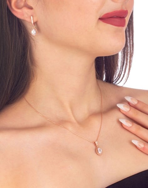 925 Ayar Zirkon Taşlı Zarif Oval Gümüş Kolye Küpe Kombin