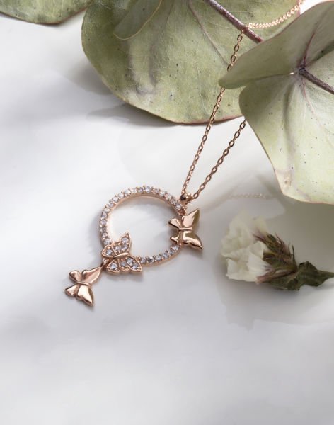 Özel Tasarım Aşk Kelebekleri Gümüş Kolye