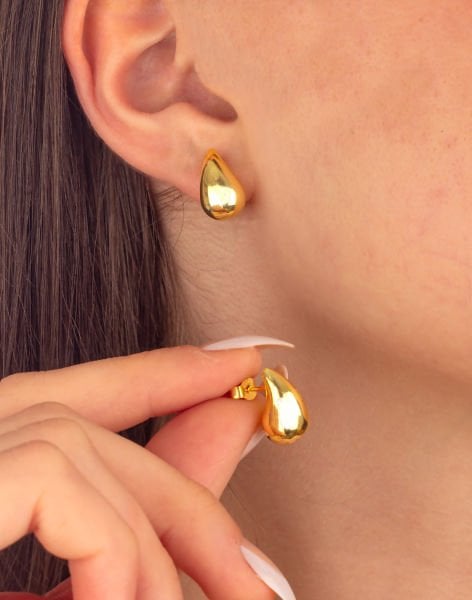 925 Ayar Gümüş Balon Bombeli Küpe 14 Ayar Altın Kaplama