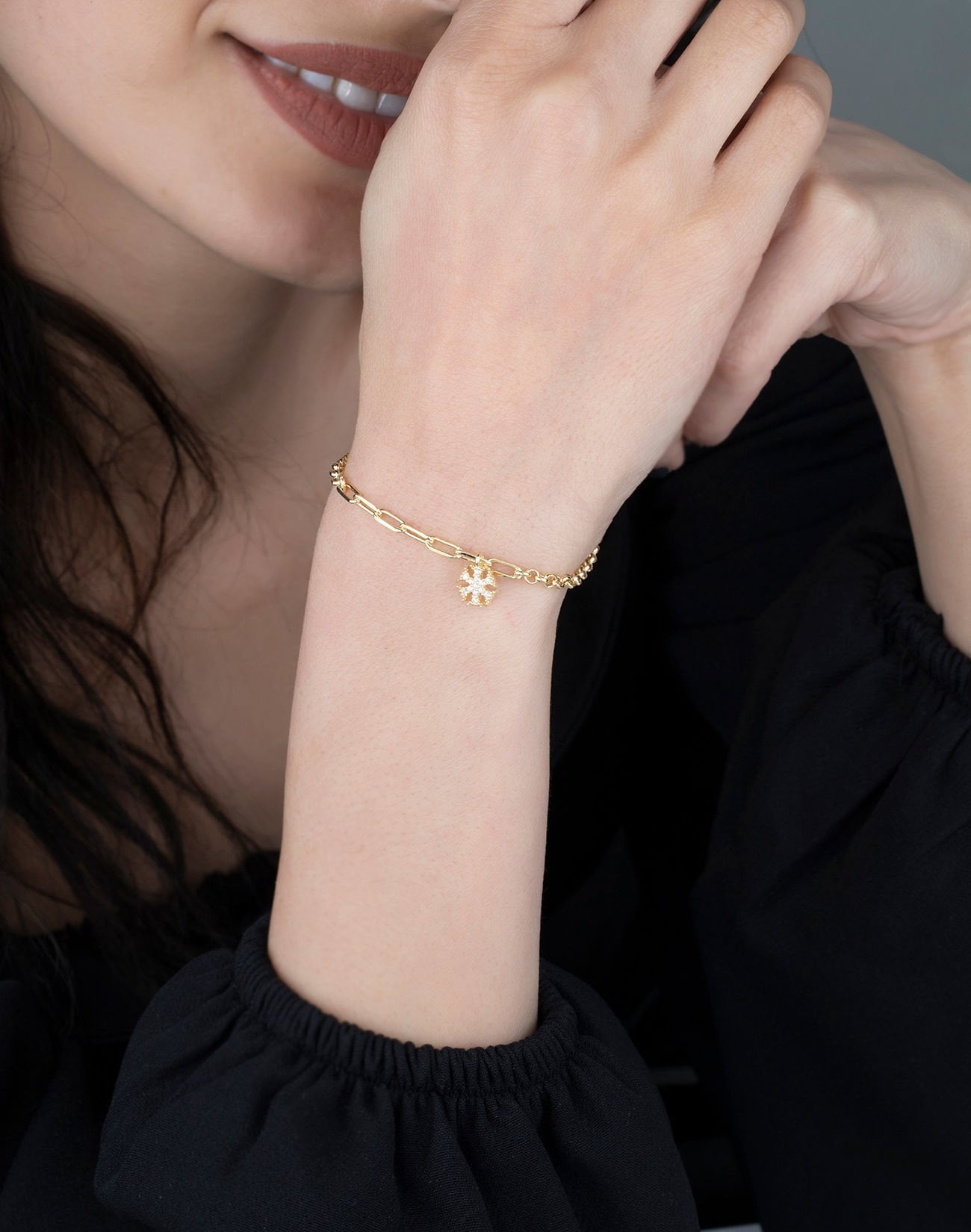 Kar Tanesi Sallantılı Gümüş Bileklik 14 Ayar Altın Kaplama