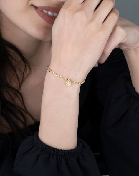 Kar Tanesi Sallantılı Gümüş Bileklik 14 Ayar Altın Kaplama