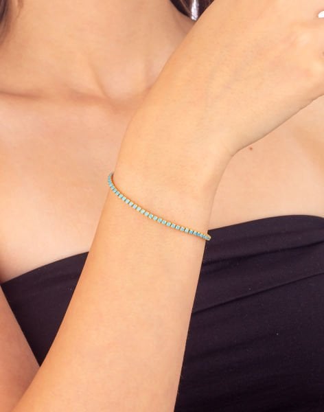 925 Ayar Firuze Taşlı Su Yolu Gümüş Bileklik 14 Ayar Altın Kaplama