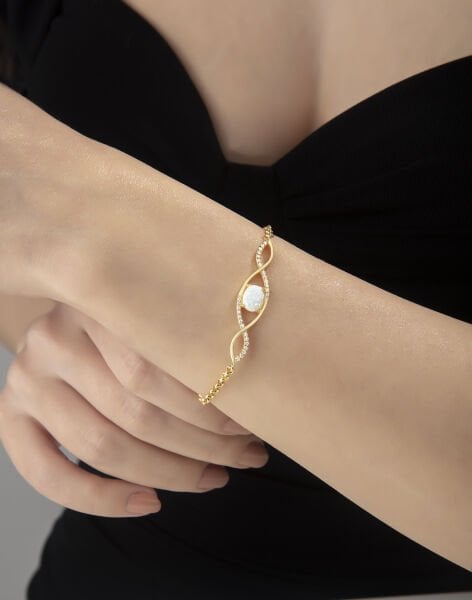 Sonsuzluk Modeli Beyaz Opal Taşlı Gümüş Bileklik