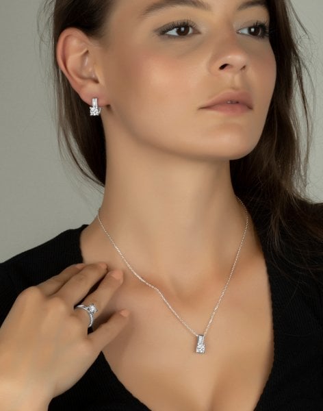 Mekik Tırnaklı Gümüş Tek Taş Takı Seti