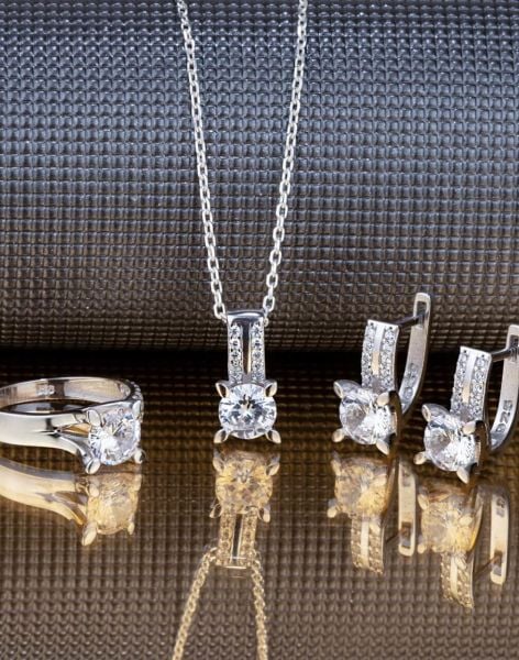 Mekik Tırnaklı Gümüş Tek Taş Takı Seti