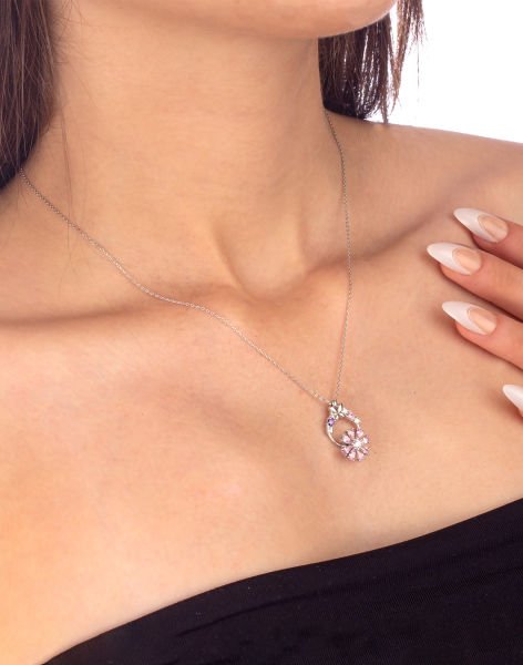 925 Ayar Gümüş Kelebek Dönen Çiçekli Kolye