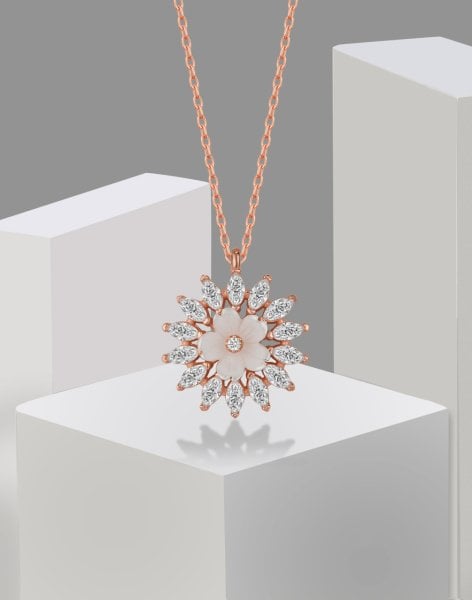 Markiz Taşlı Sedef Çiçekli Gümüş Kolye