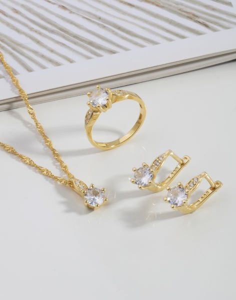 Singapur Zincirli Pırlanta Modeli Badem Sap Altı Tırnak Tek Taş Gümüş Takı Seti