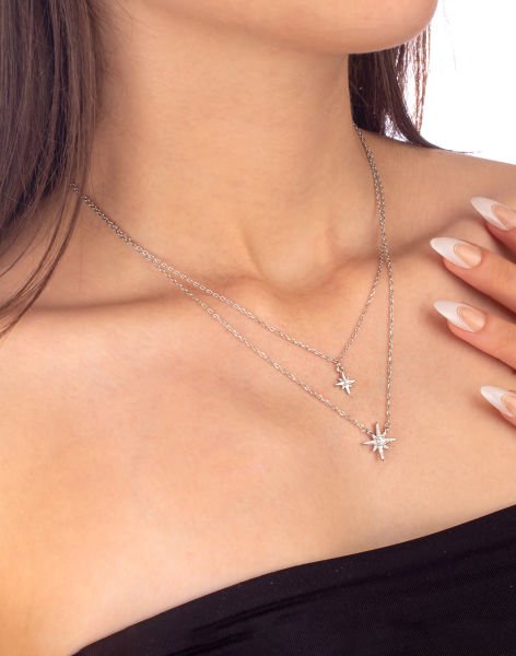 925 Ayar Gümüş Çift Zincirli North Star Kolye