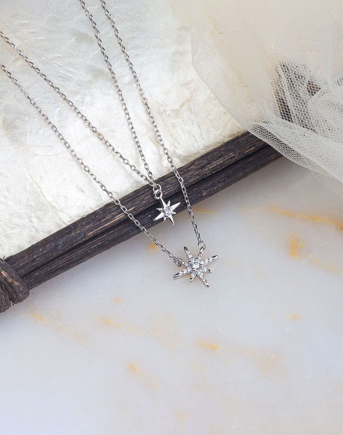 925 Ayar Gümüş Çift Zincirli North Star Kolye