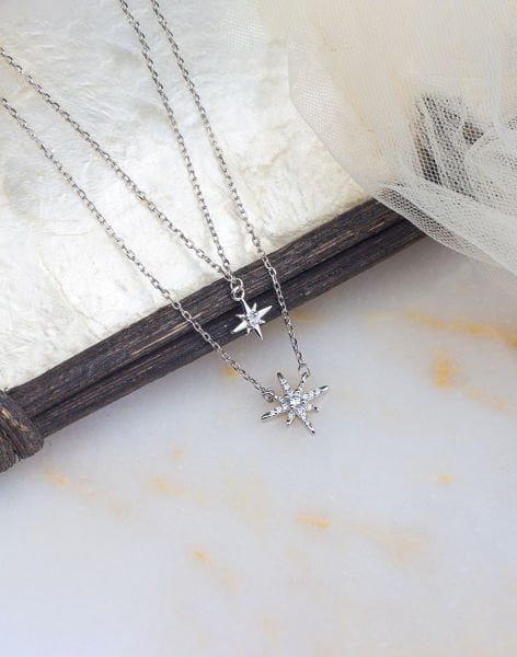 925 Ayar Gümüş Çift Zincirli North Star Kolye