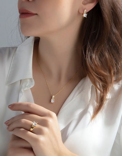 925 Ayar Mekik Tırnaklı Gümüş Tek Taş Takı Seti