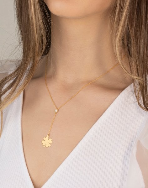 Yonca Sallantılı Tek Taş Gümüş Kolye