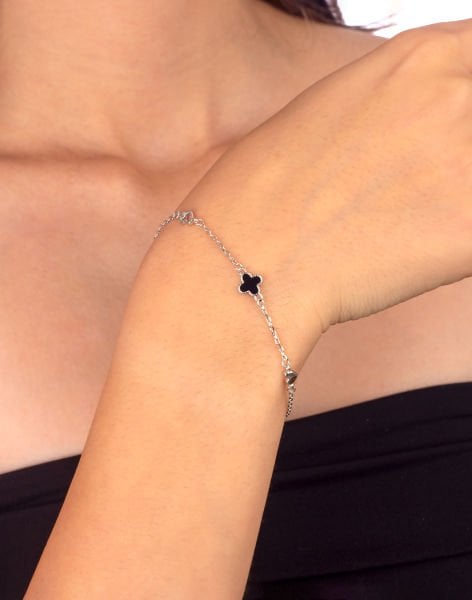 925 Ayar Sedef Taşlı Yonca Gümüş Bileklik SİYAH