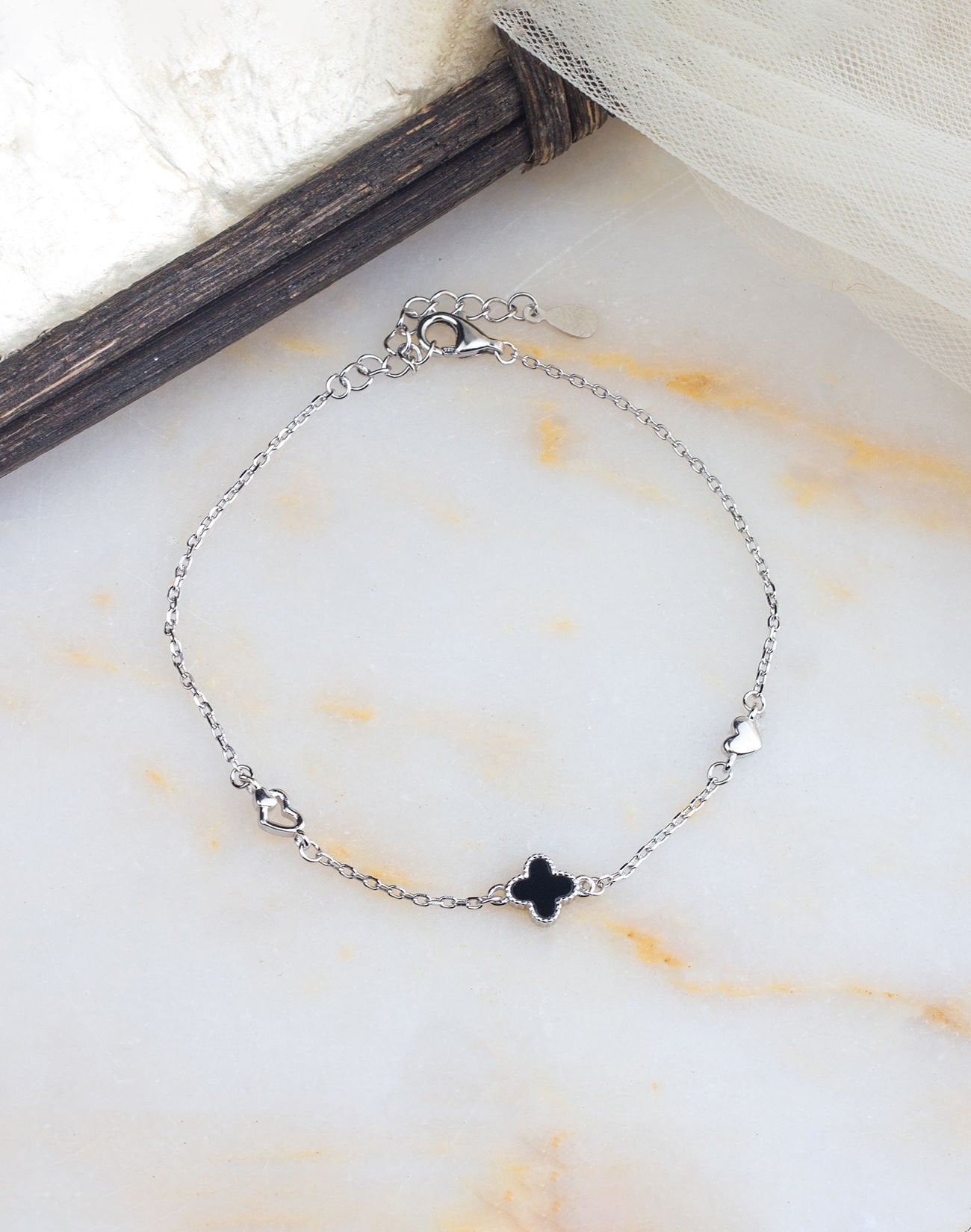 925 Ayar Sedef Taşlı Yonca Gümüş Bileklik SİYAH