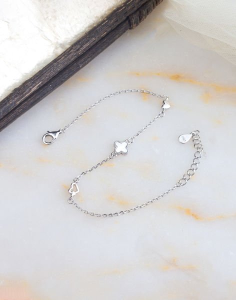 925 Ayar Sedef Taşlı Yonca Gümüş Bileklik BEYAZ