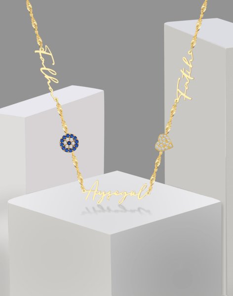 Üç İsimli Nazar Kalp Singapur Zincirli İmza Gümüş Kolye