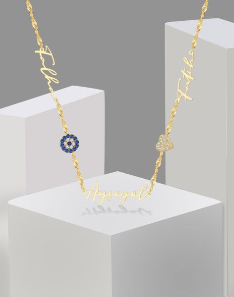 Üç İsimli Nazar Kalp Singapur Zincirli İmza Gümüş Kolye