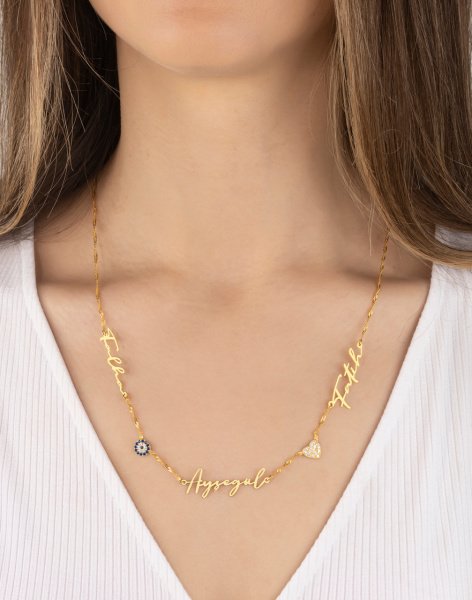 Üç İsimli Nazar Kalp Singapur Zincirli İmza Gümüş Kolye