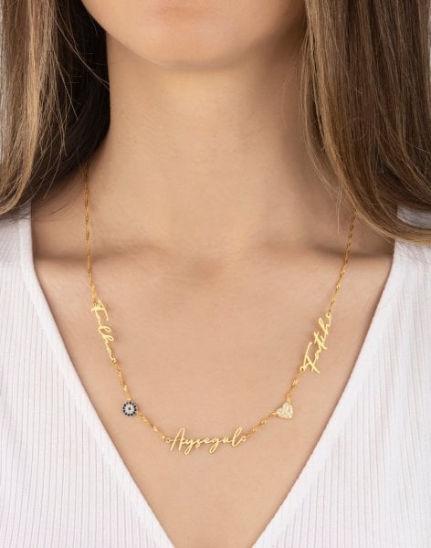 Üç İsimli Nazar Kalp Singapur Zincirli İmza Gümüş Kolye