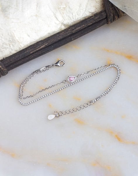 925 Ayar Gümüş Pembe Zirkon Taşlı Damla Bileklik