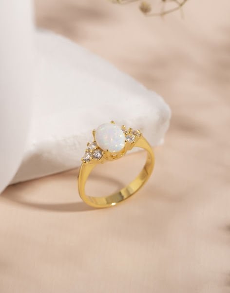 Pırlanta Tria Modeli Beyaz Opal Taşlı Gümüş Yüzük