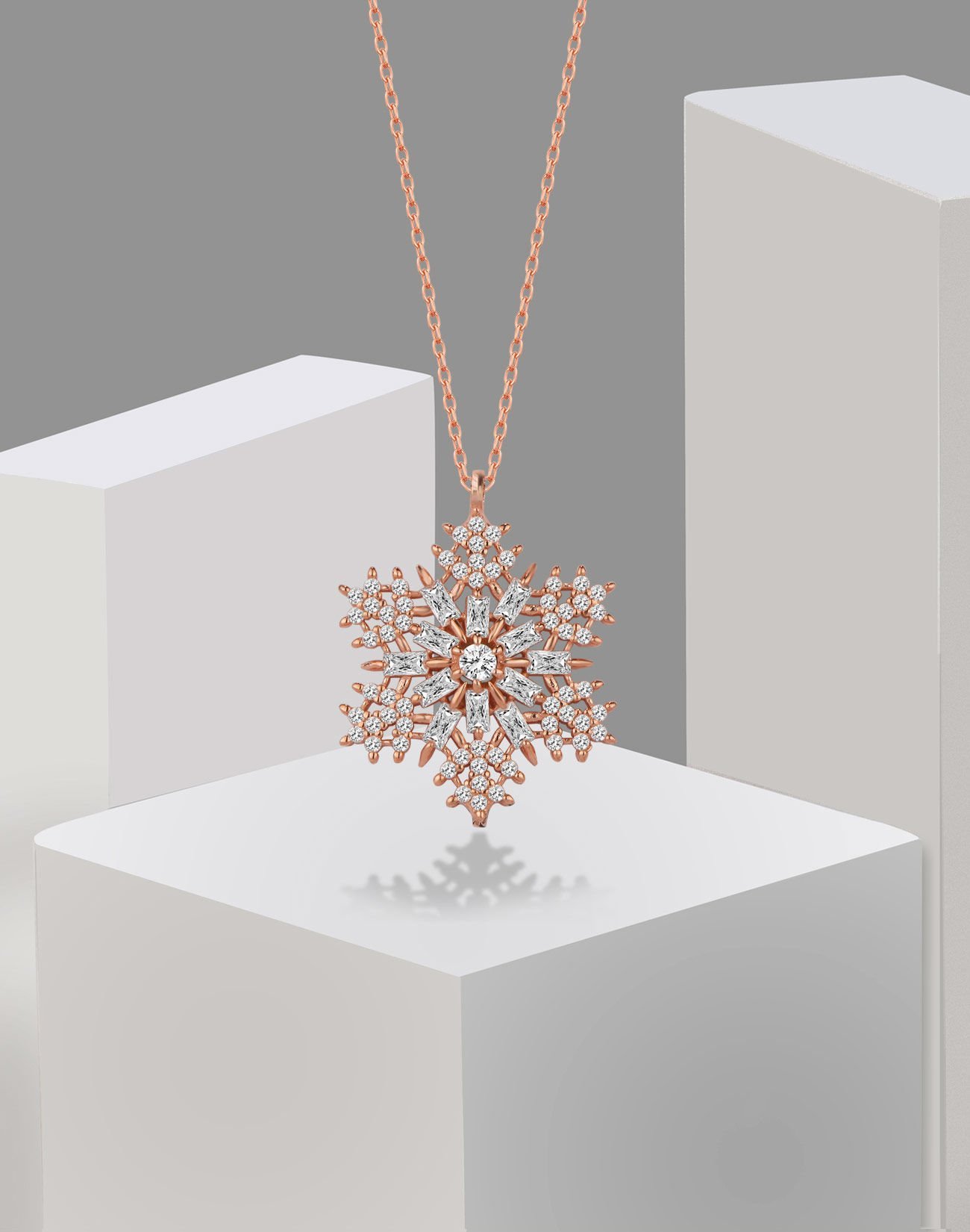 925 Ayar Gümüş Baget Taşlı Kar Tanesi Kolye Rose Kaplama