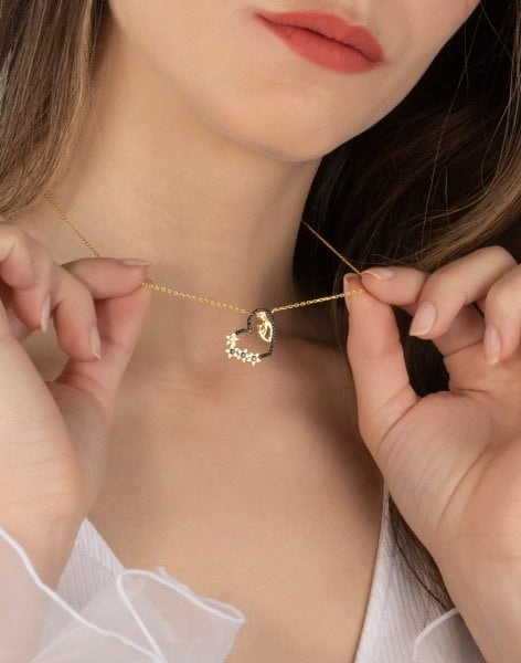 Siyah Taşlı Şevkat Kucağı Gümüş Kalp Kolye 14 Ayar Altın Kaplama