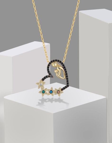 Siyah Taşlı Şevkat Kucağı Gümüş Kalp Kolye 14 Ayar Altın Kaplama