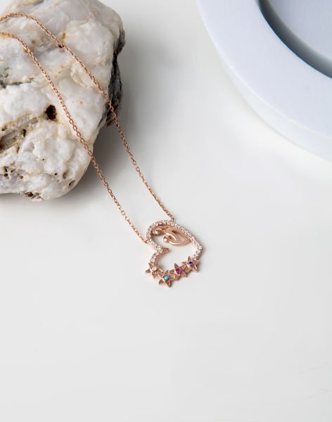 Siyah Taşlı Şevkat Kucağı Gümüş Kalp Kolye Rose Kaplama