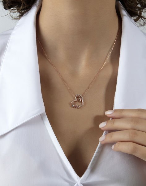 Siyah Taşlı Şevkat Kucağı Gümüş Kalp Kolye Rose Kaplama